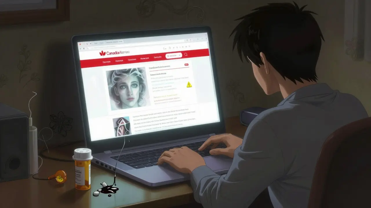 A person stares at a fake pharmacy website, with eerie spectral hands reaching from the screen and a real prescription beside them.