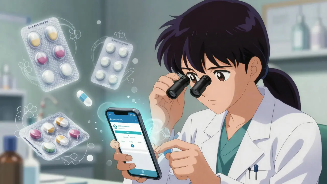 A pharmacist using a loupe to inspect pills, with digital verification glowing softly nearby.