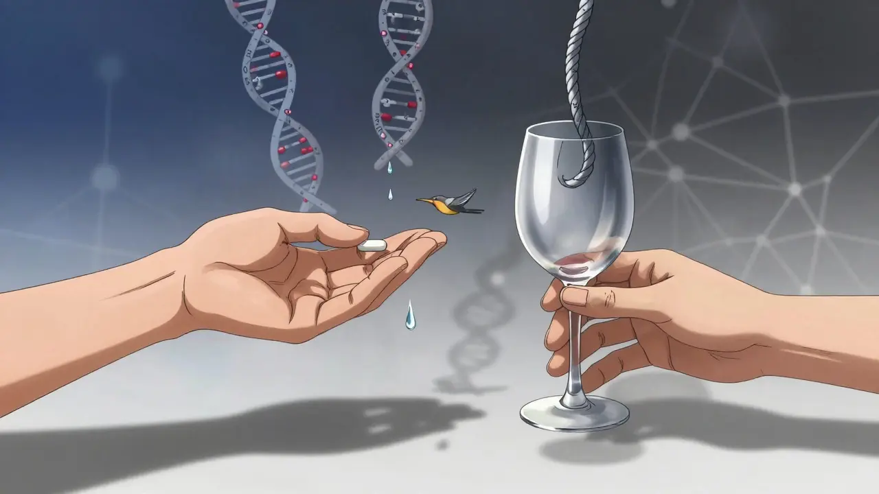 A pill and wine glass float mid-air, tear turning to bird, shadow forming a noose amid fading neural networks.