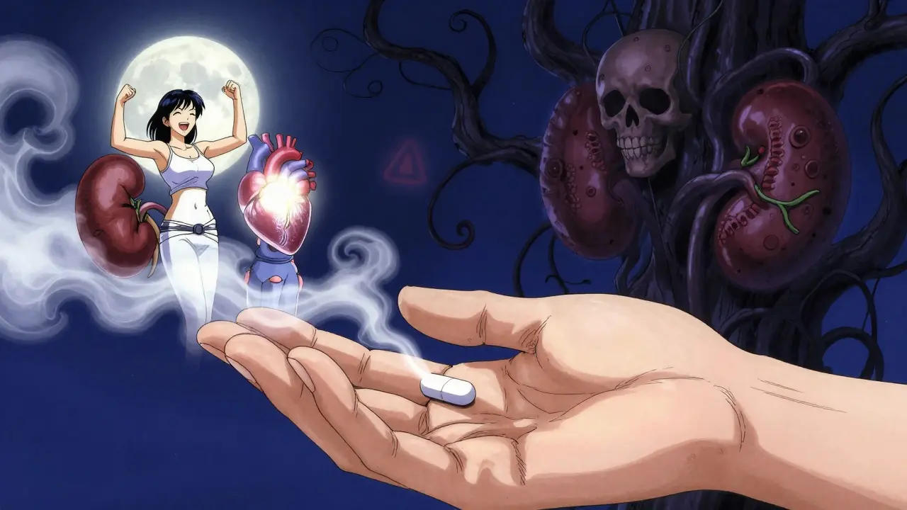 A pill dissolving into mist, revealing healing heart and kidney figures beside dark warning symbols.