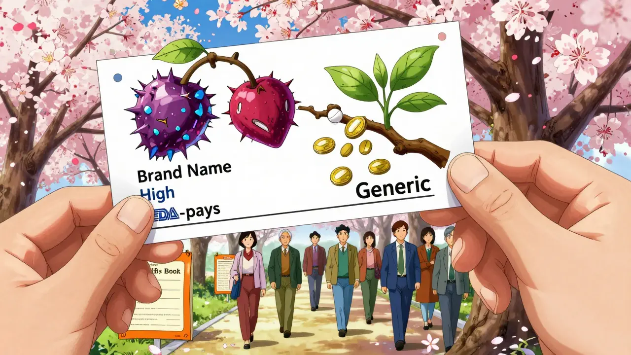 A prescription transforming into a tree with expensive fruits and simple generic pills, patients walking beneath drifting therapeutic codes.