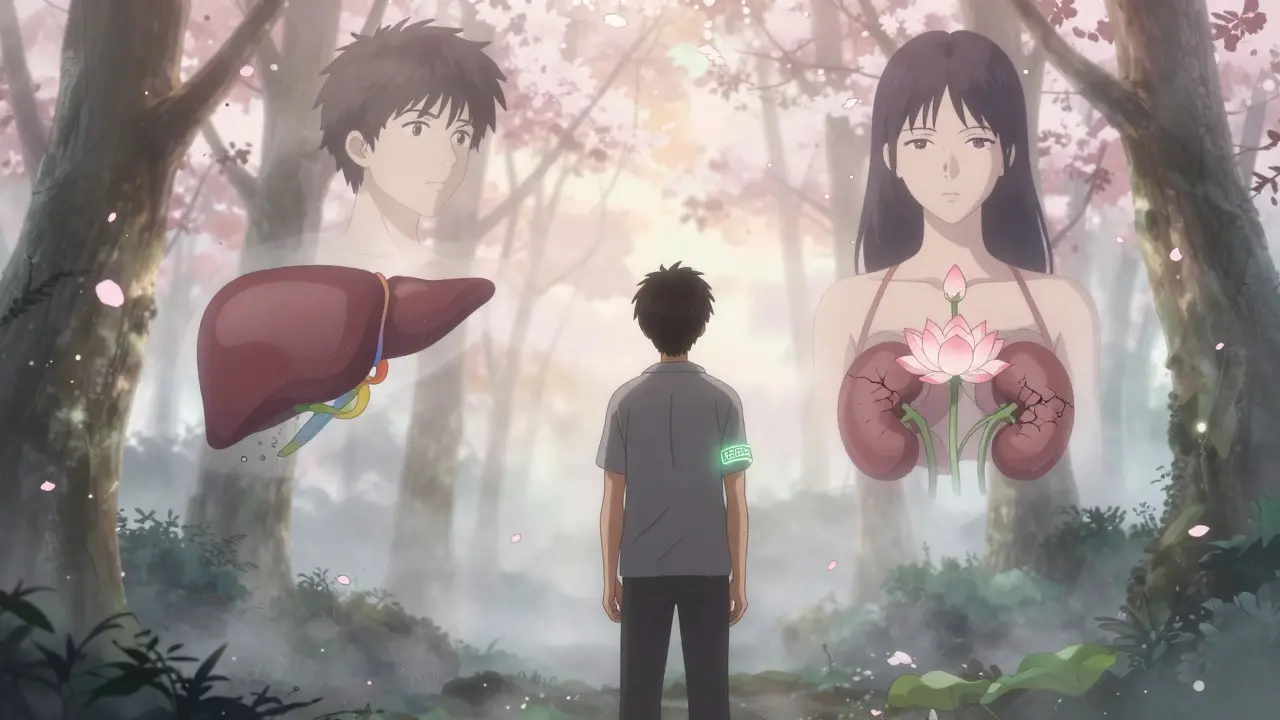 A survivor stands in a misty forest, a medical bracelet glowing, ghostly organs fade behind a blooming lotus.