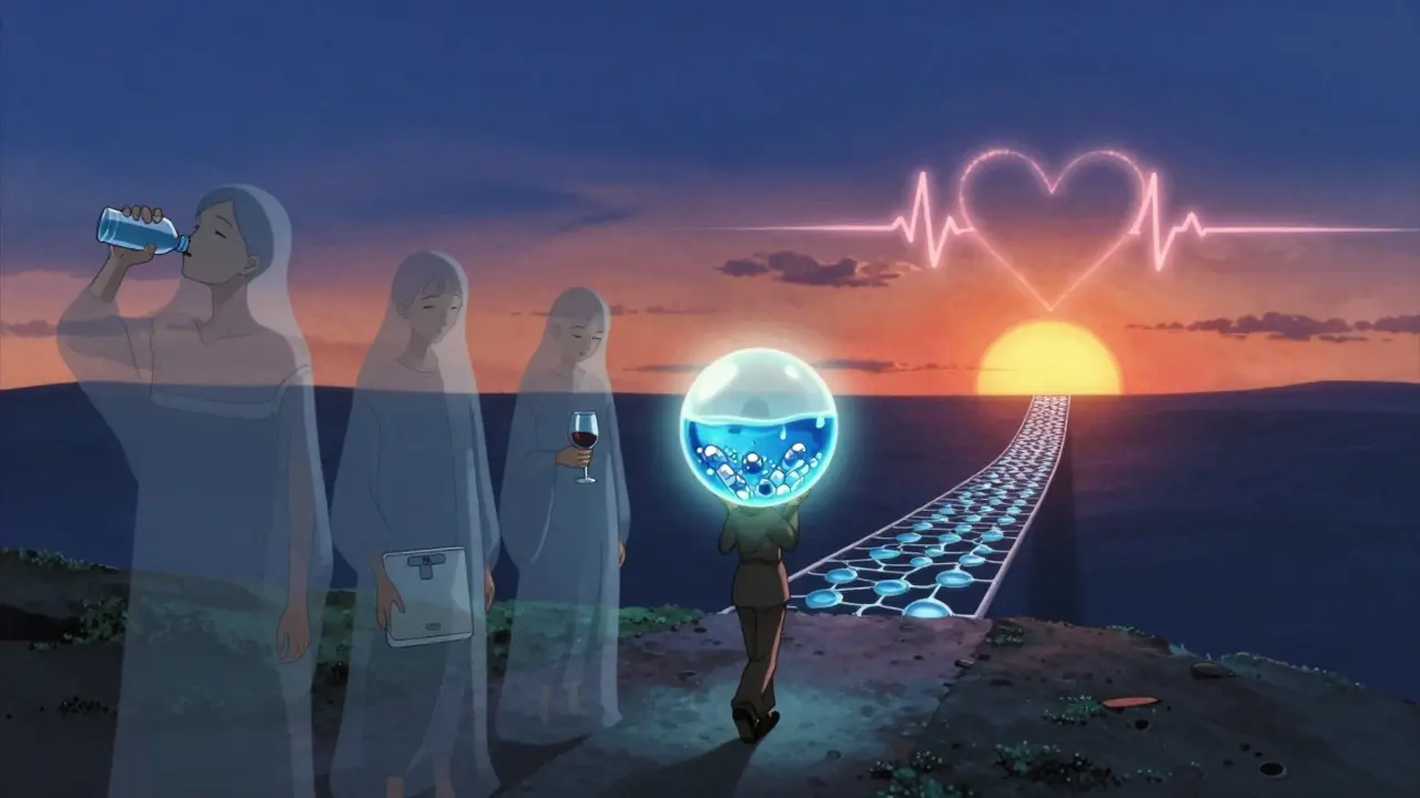 A traveler walking toward a luminous bridge of droplets, leaving behind risky hydration habits.