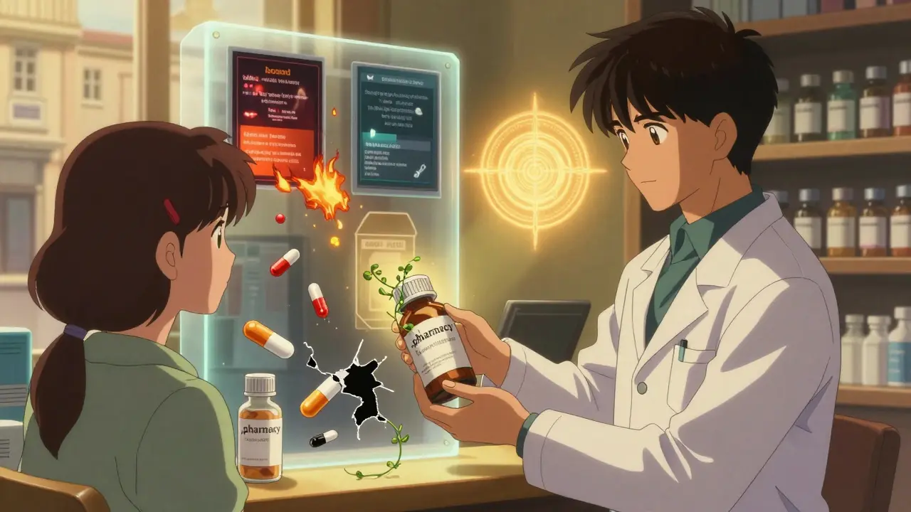 A trusted pharmacist hands medicine in a glowing shop, while chaotic fraud scenes fade behind a sacred .pharmacy sigil.