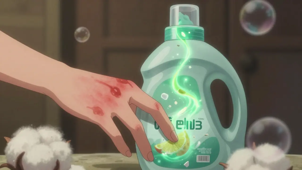 A woman's hand touches detergent as spectral allergens rise from the label, her skin glowing with a rash pattern.