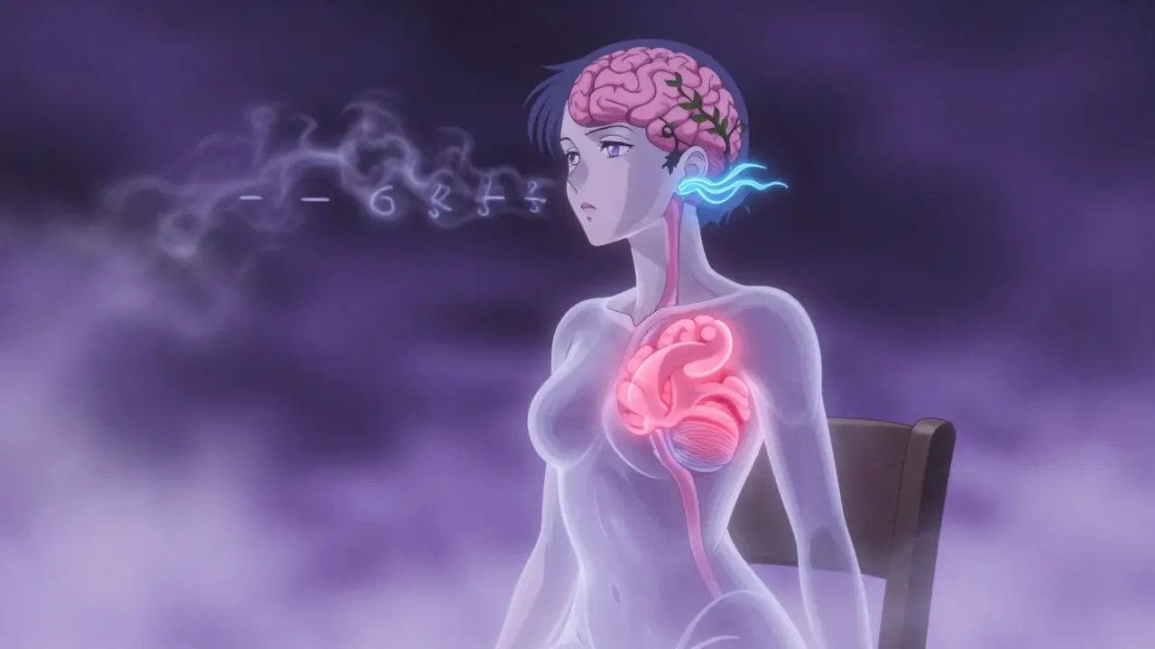 A woman's translucent body reveals brain and ear signals as she stands, one side in distress, the other in calm.
