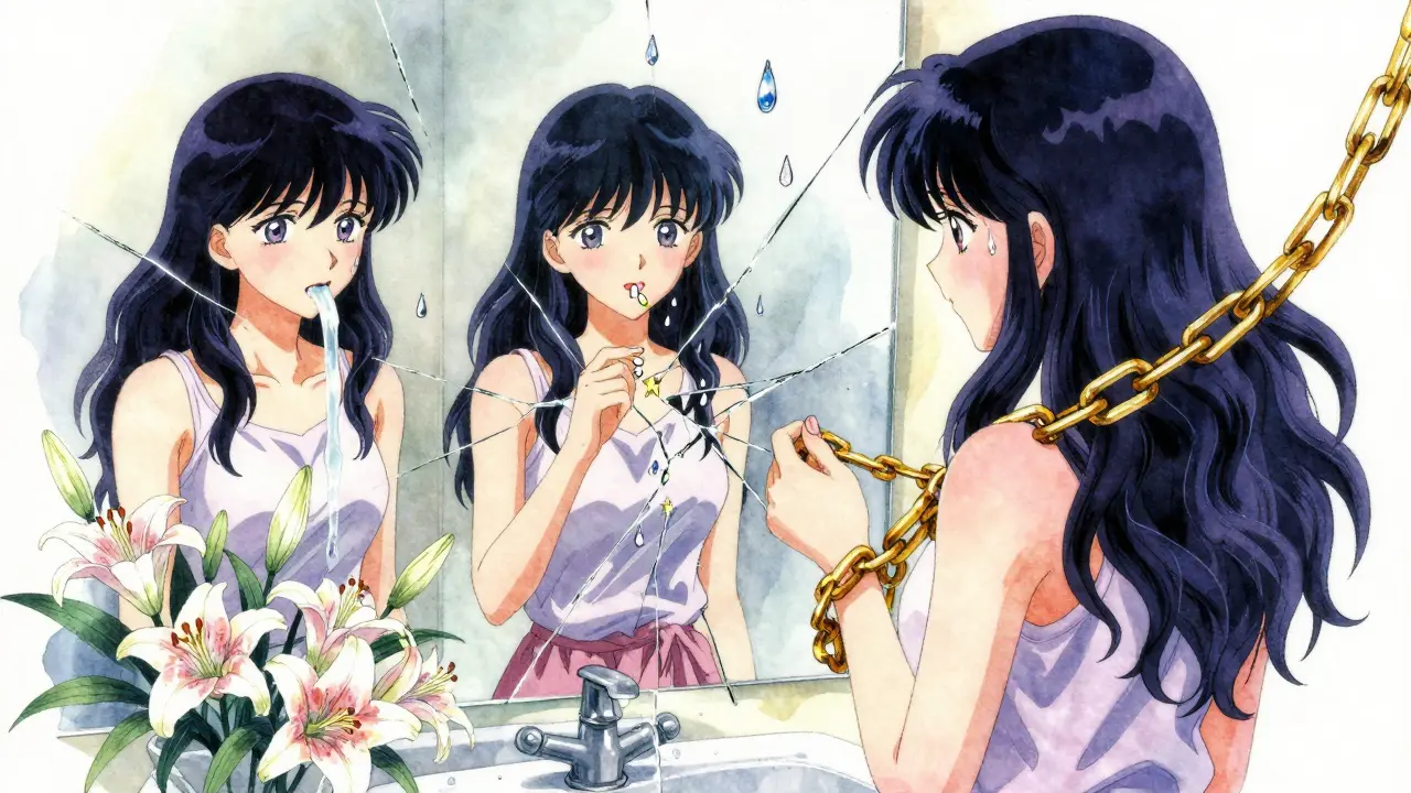 A woman faces a fractured mirror showing three haunting reflections of bulimia’s cycle, with tears like jewels suspended in air.