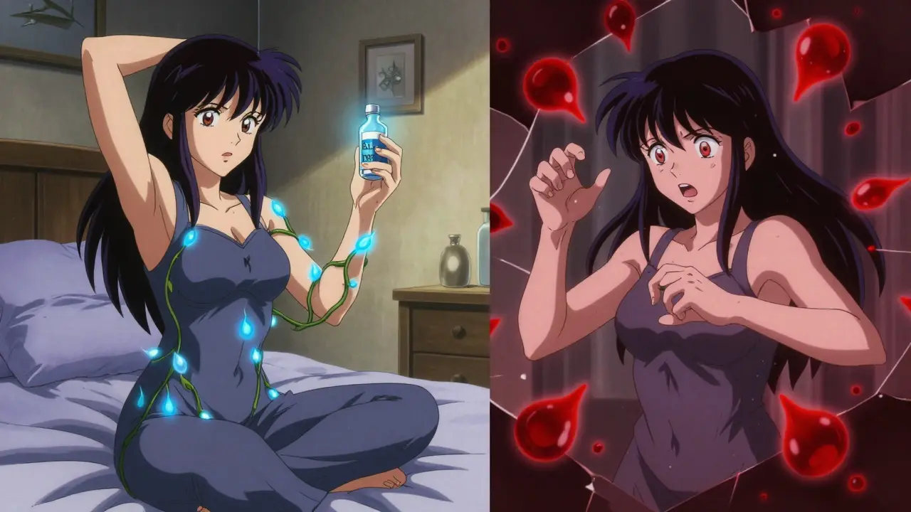 A woman holding iron serum as calm blue energy soothes her legs, contrasted with a fractured reflection of her former self in turmoil.