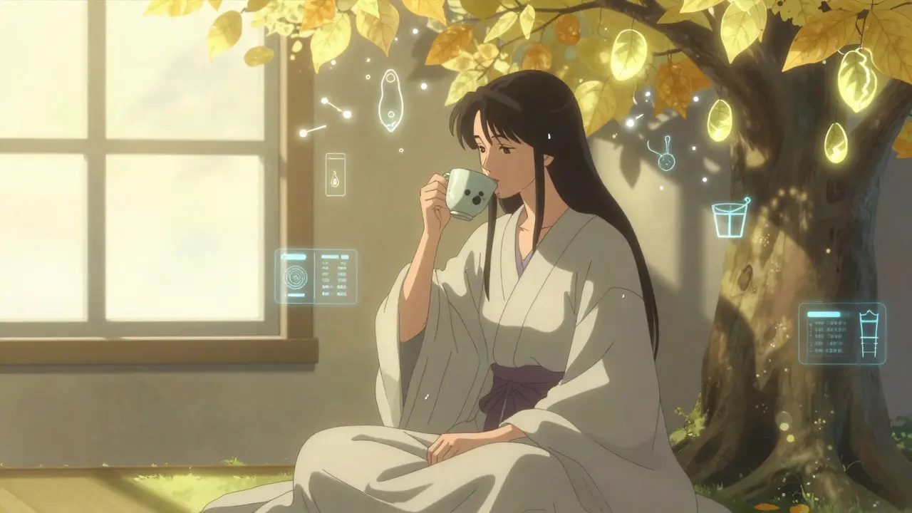 A woman sipping water as spiritual symbols of hydration and health drift around her in soft light.