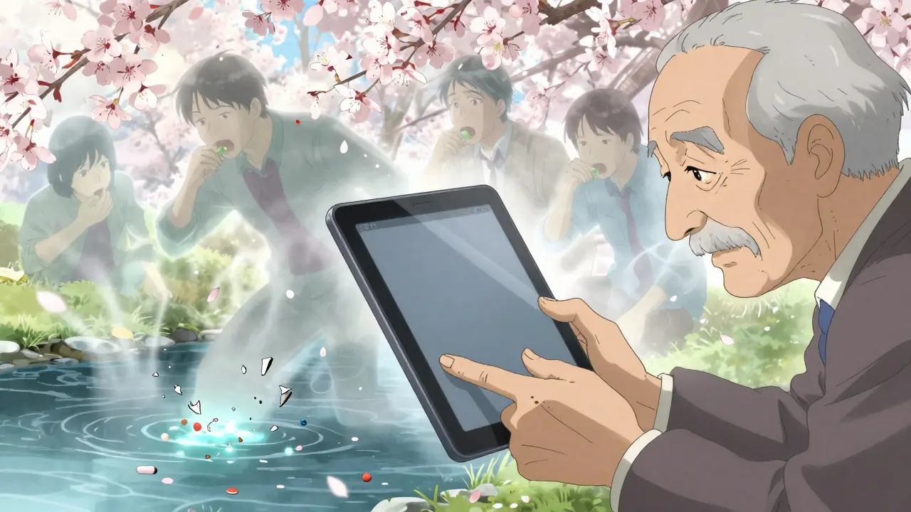 An elderly hand holding a large ER pill as ghostly figures dissolve into a polluted stream with floating polymer fragments.