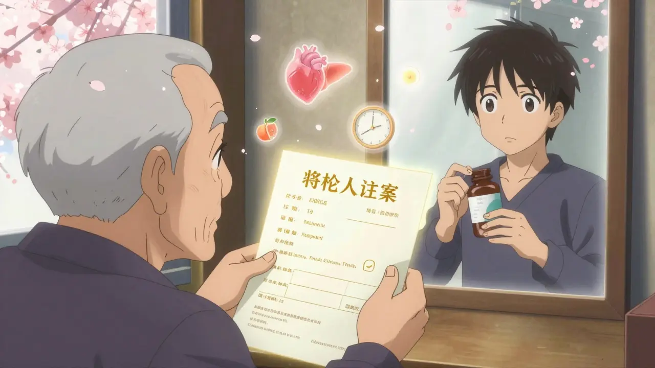 An elderly person holds a glowing large-print label while symbolic health icons orbit around them like stars.