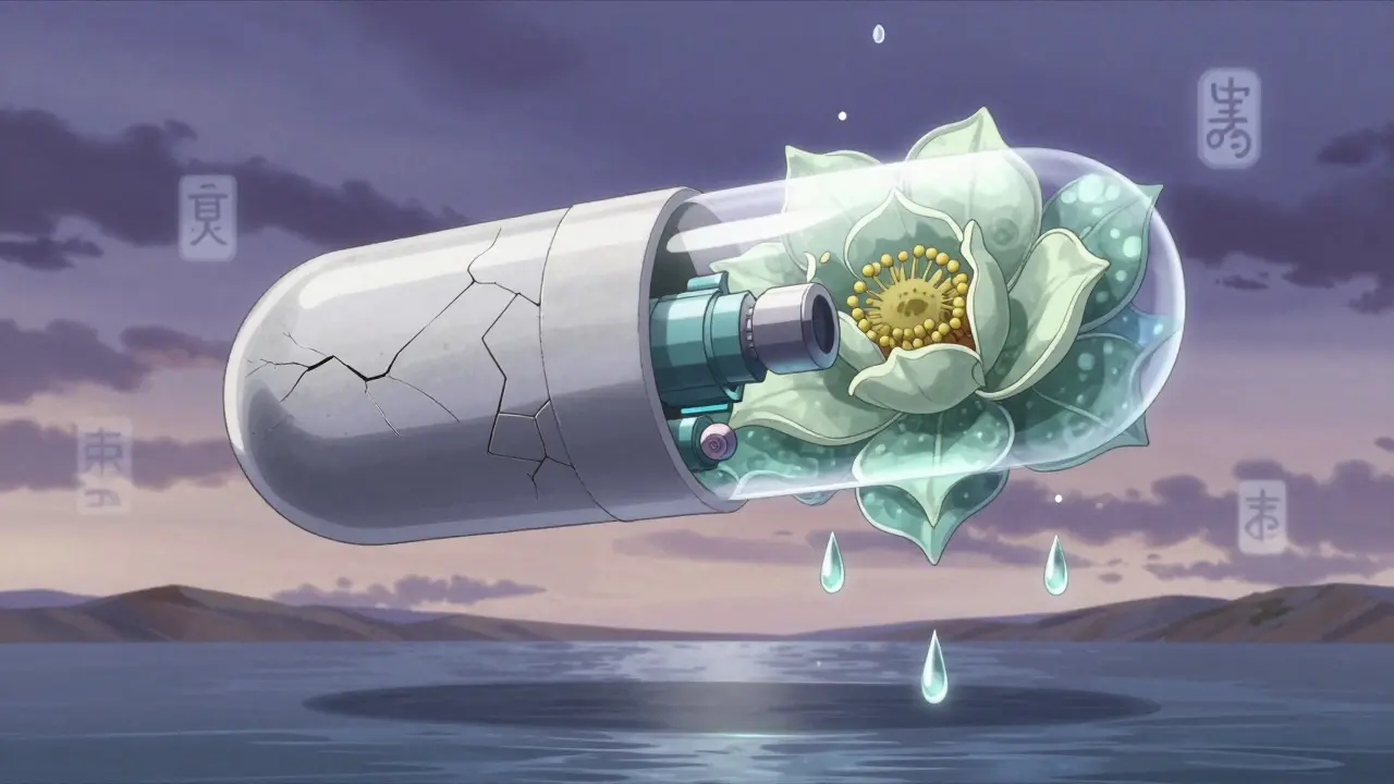 An extended-release pill blooming like a mechanical flower, revealing internal release systems in a twilight sky.