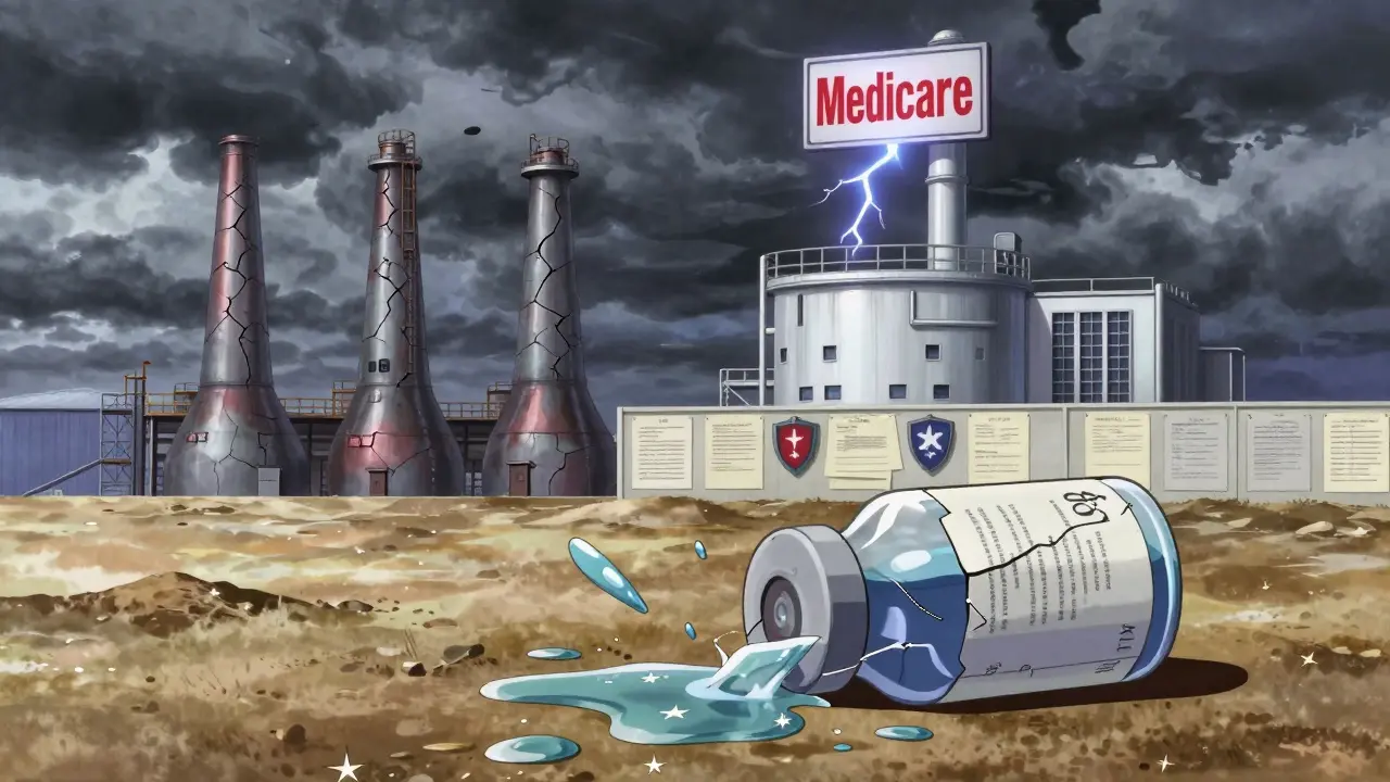 Broken medicine vial spilling stars, three factories cracked, fourth protected by legal scrolls.