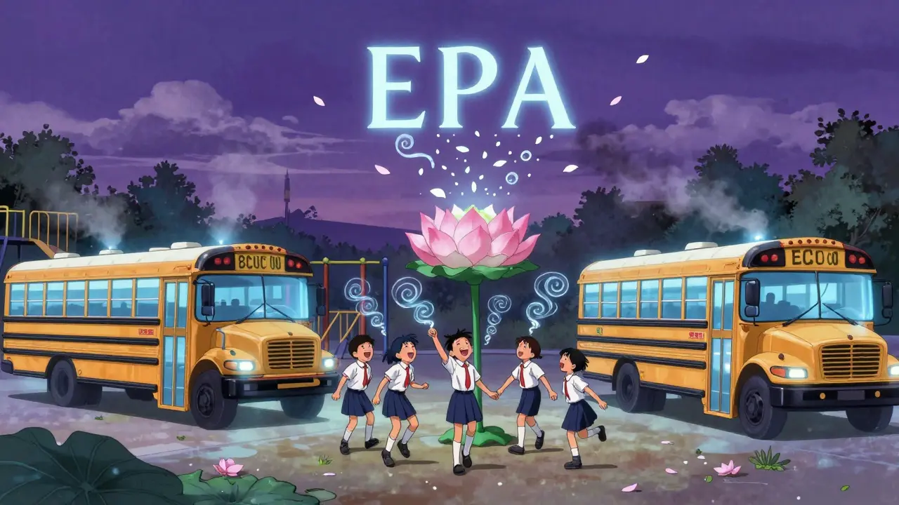Children play safely on a clean playground under electric buses that filter air into blooming energy petals.