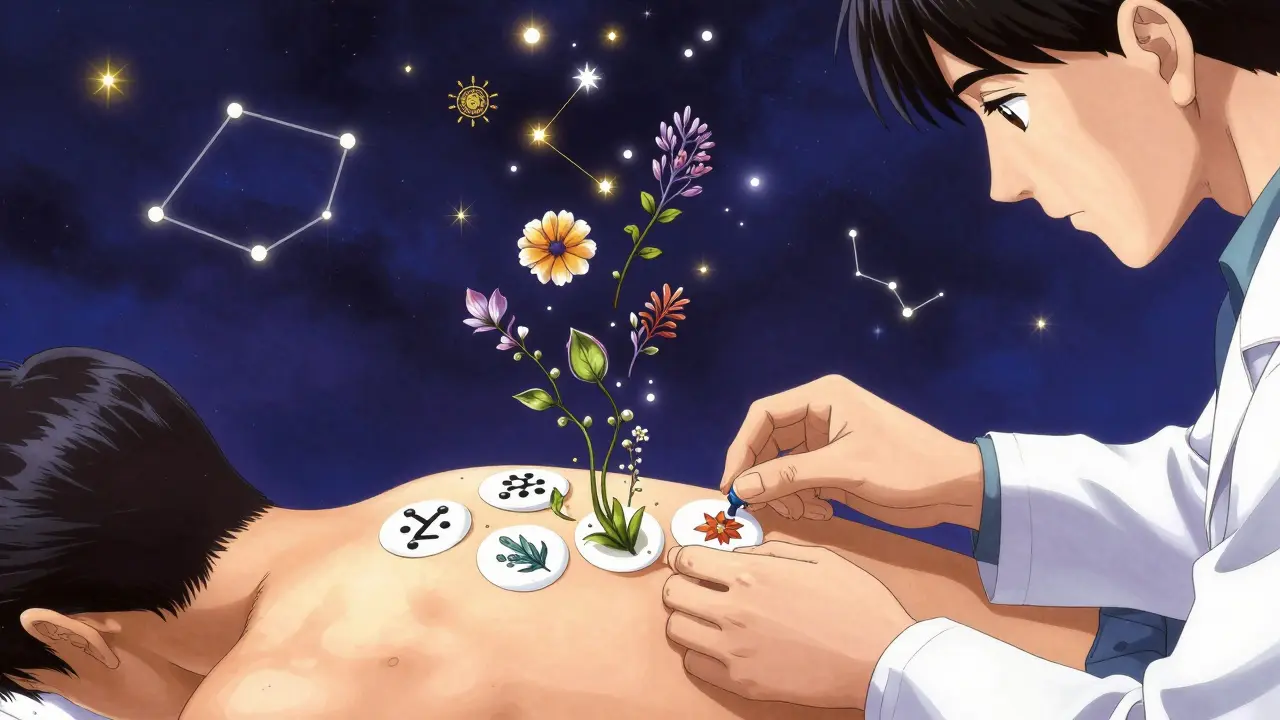 Dermatologist removes patches as symbols dissolve into cosmic constellations shaped by reaction grades.