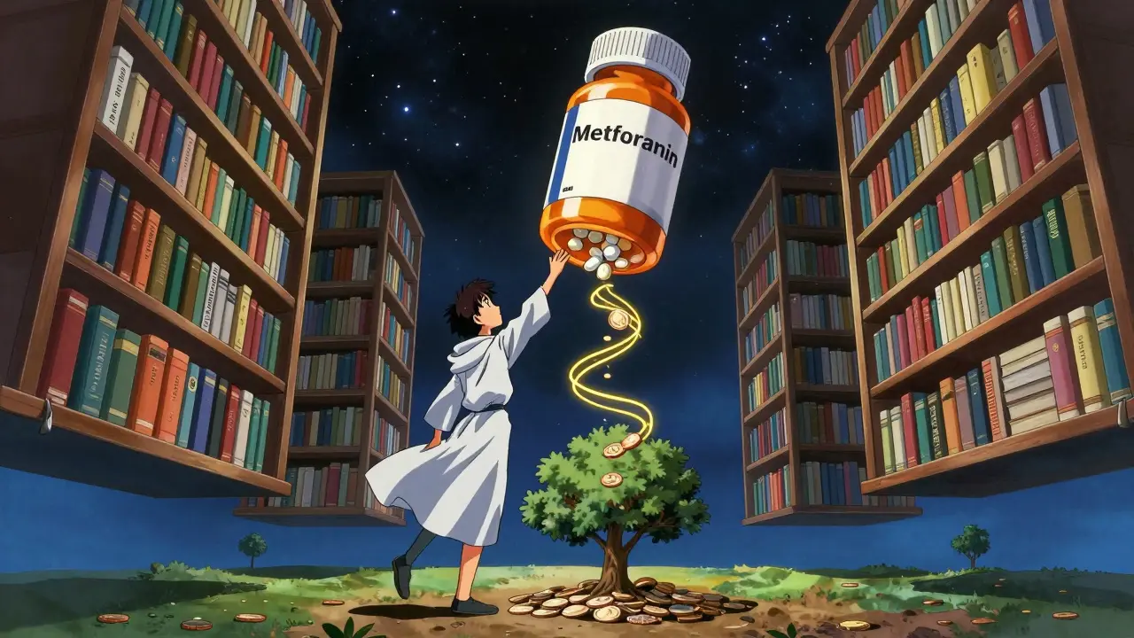 Floating medical library of pill bottles with golden savings threads turning into trees.