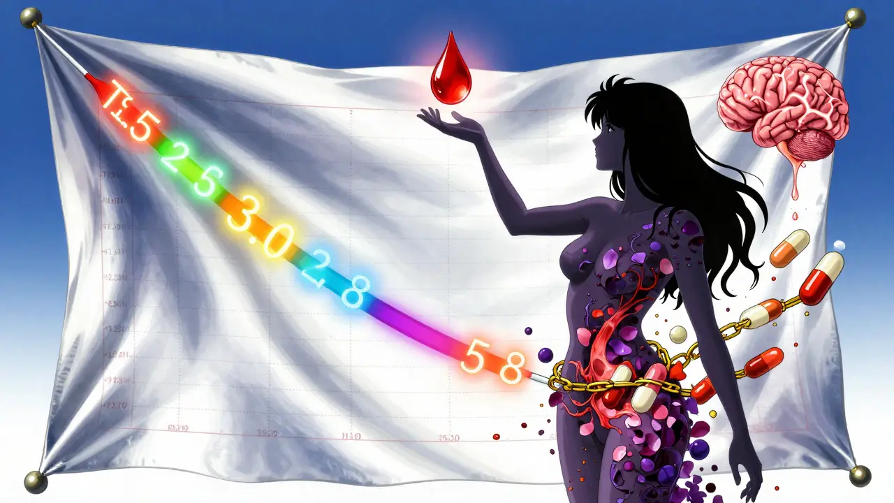 Floating TSH glyphs and blood droplet turning into a baby's brain, surrounded by pills and petals.