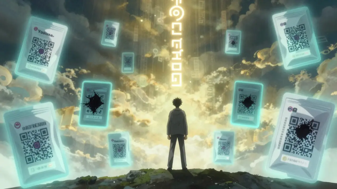 Ghostly fake drug packages floating around a person, while authentic serial codes rise like sacred symbols.