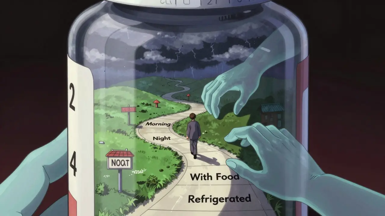 Inside a pill bottle, a tiny figure walks a path marked with medication instructions under ominous clouds.