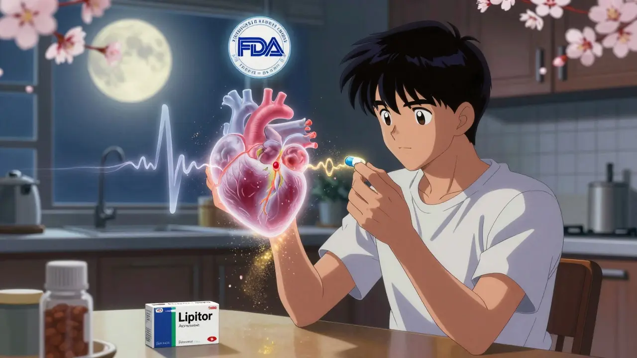 Patient holding two identical pills with glowing heartbeats and a celestial FDA seal above.