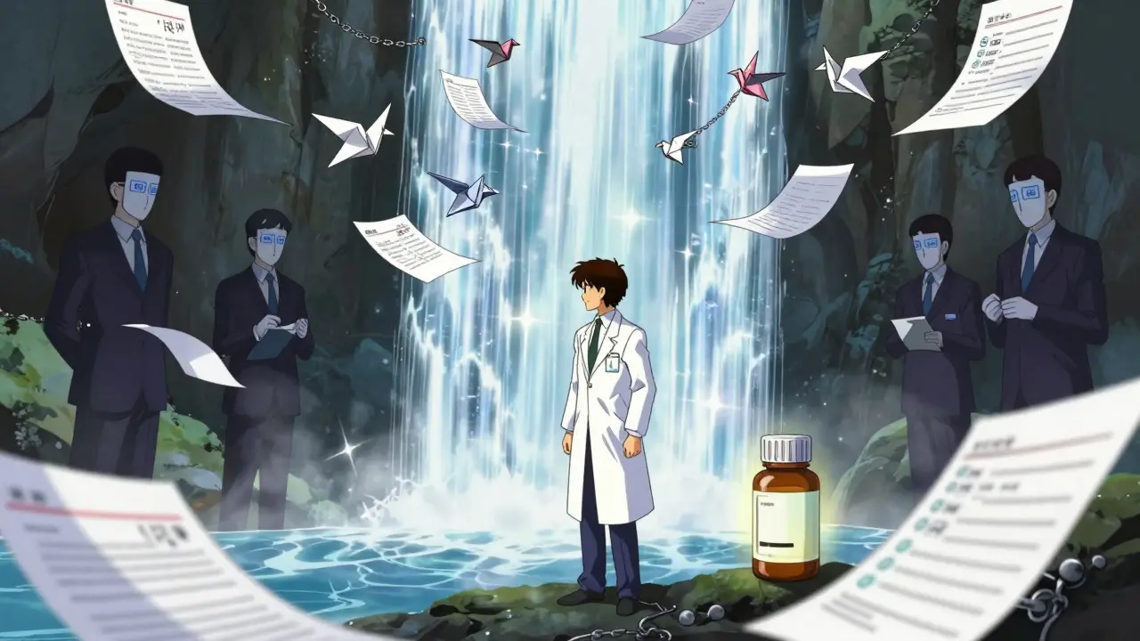 Pharmacist beneath falling prescription papers turning into birds, corporate shadows nearby.