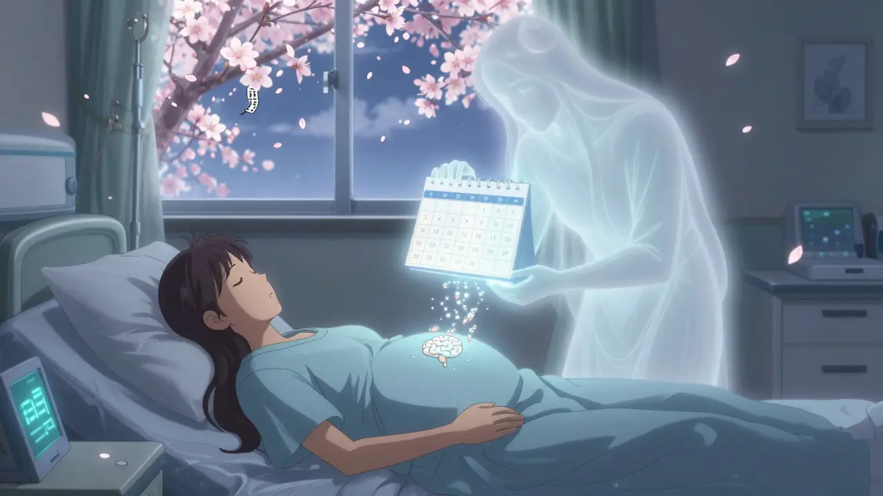Sleeping pregnant woman guarded by a misty spirit holding a calendar of pregnancy weeks.