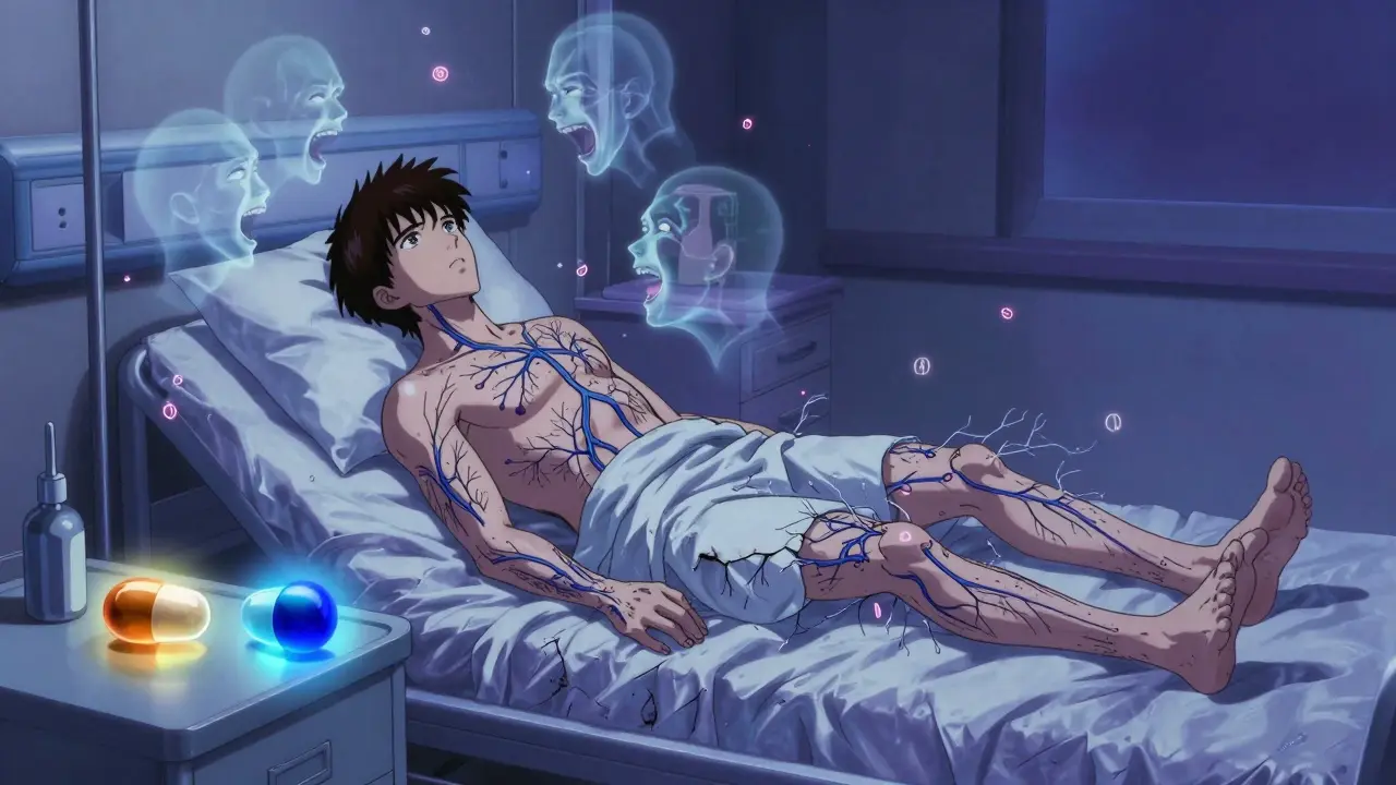 A frozen Parkinson’s patient surrounded by hallucinations, with two glowing pills representing levodopa and antipsychotics in a moonlit room.