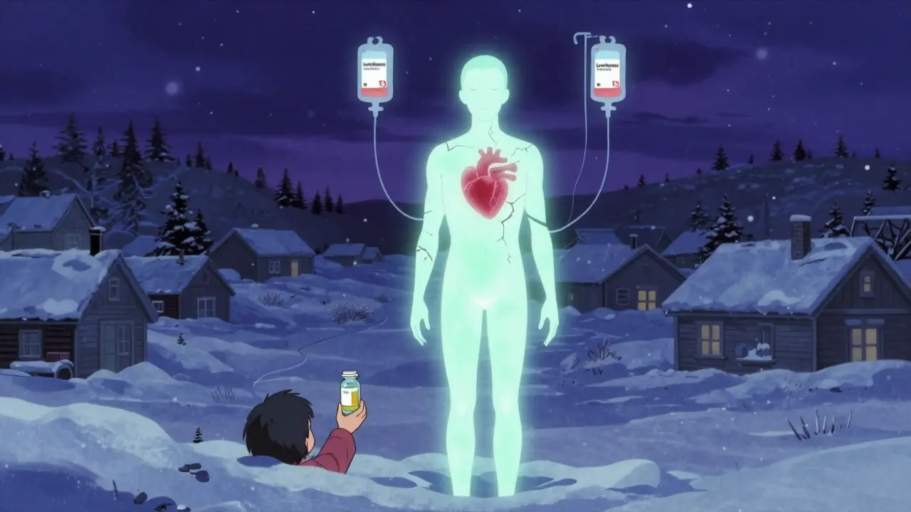 A frozen winter town with a glowing human silhouette and IV bags, symbolizing prevention and hormone replacement.