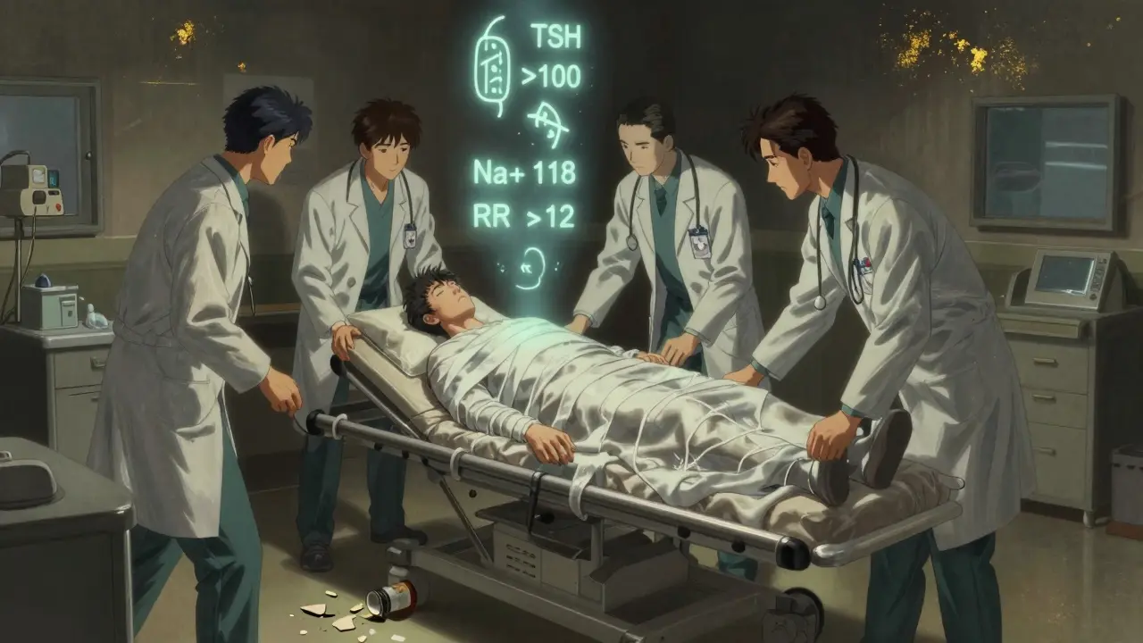 A male patient in emergency care with glowing lab values floating above him, representing severe thyroid hormone deficiency.