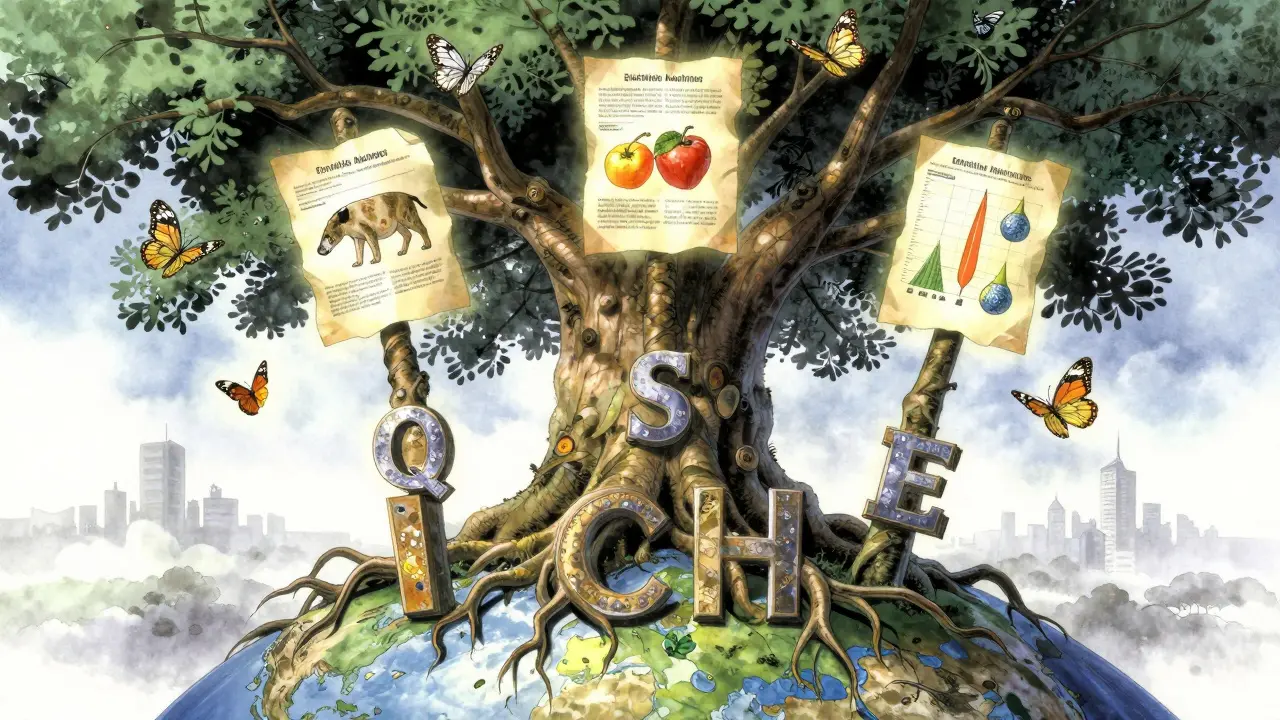 A mystical tree with ICH-rooted trunks bears glowing clinical trial fruits, surrounded by parchment butterflies.