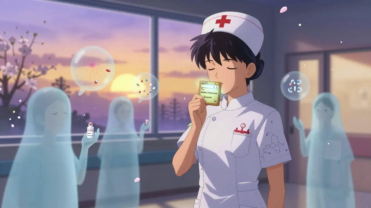 A nurse holds a glowing medication passport with floating pill images, surrounded by gentle spirits and falling cherry blossoms.