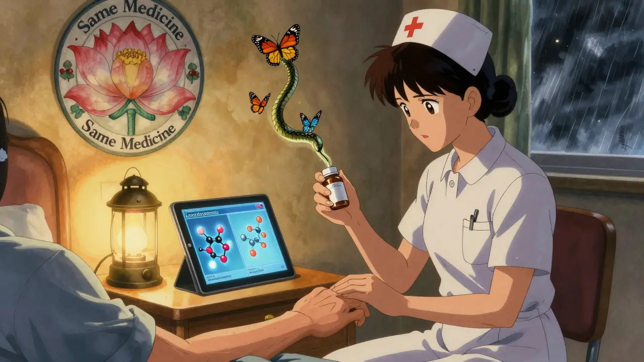 A nurse shows a patient a tablet comparing brand and generic medicine, with molecular bonds pulsing in sync under soft lantern light.