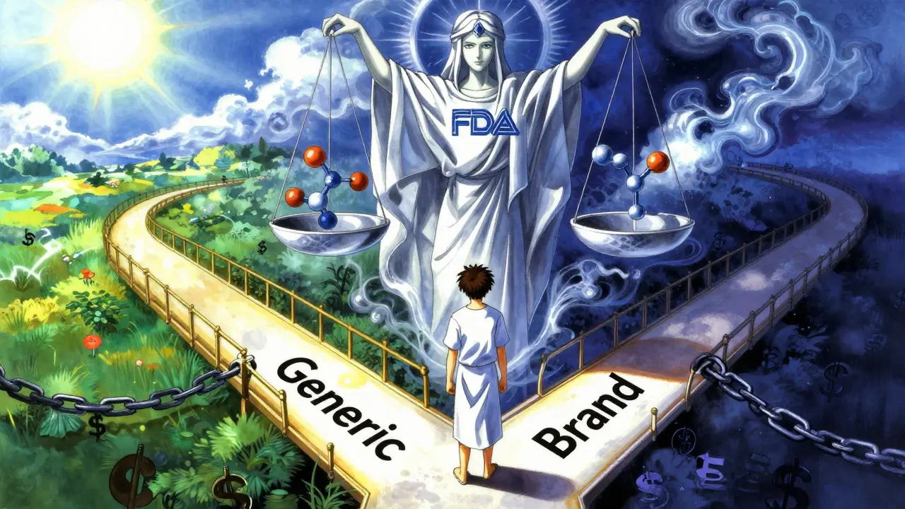 A patient chooses a golden path labeled 'Generic' toward health, while a celestial FDA figure balances molecular scales.