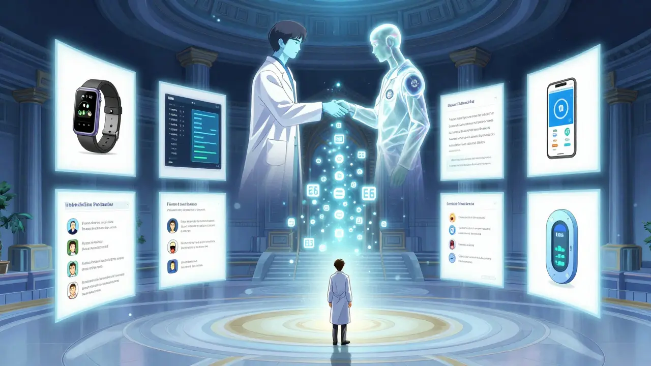 A patient in a temple is surrounded by floating real-world evidence panels, with AI and scientist figures uniting above.