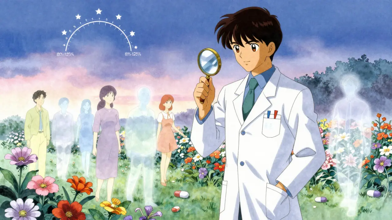 A pharmacist observes medicinal flowers shaped like pills under a starry sky forming a bioequivalence range.