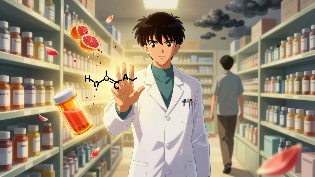 A pharmacist raises a warning sigil as dangerous pills shatter into petals, while a patient walks toward safer medication.