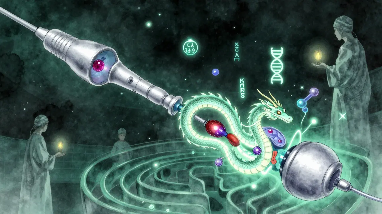 A serpentine endoscopic probe glides through glowing organs, with medical symbols drifting like ancient glyphs.