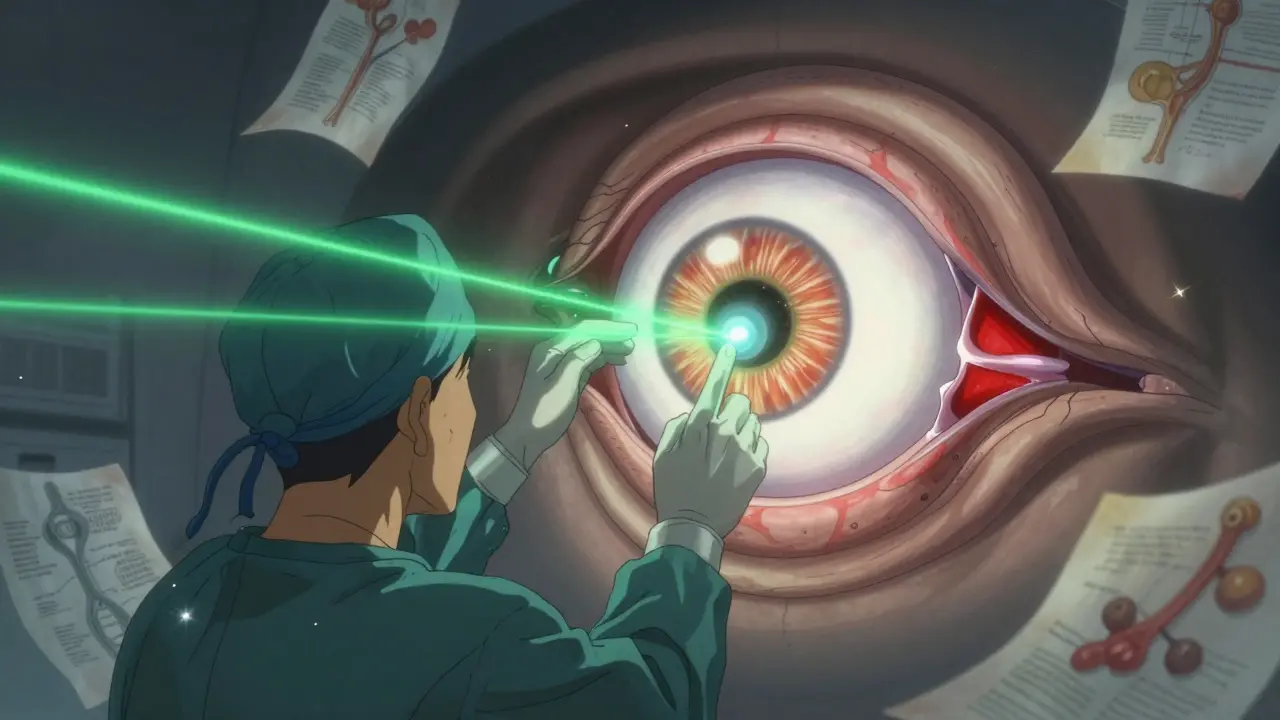 A surgeon guiding a glowing gas bubble through an eye with laser threads sealing a tear, surrounded by floating anatomical sketches.