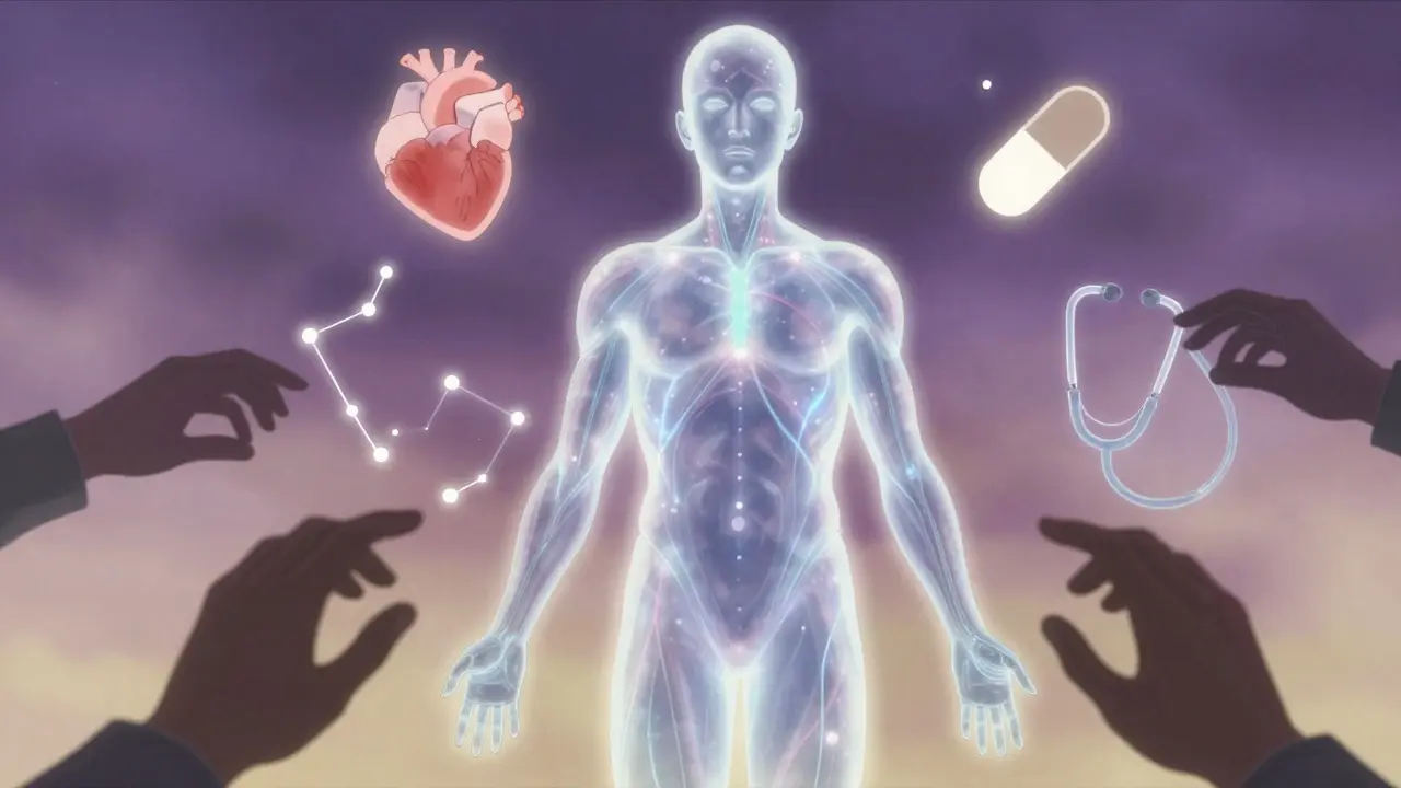 A translucent human figure glows with vital signs, surrounded by floating medical symbols and data points, guided by unseen hands.