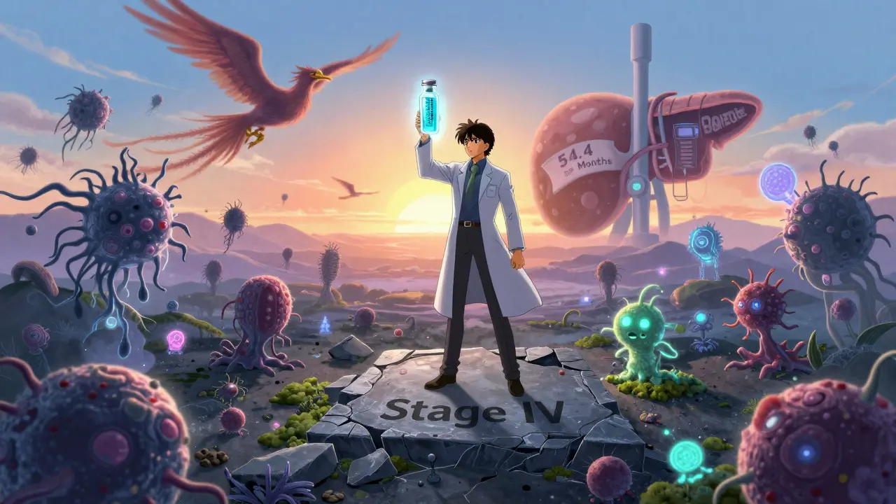 A warrior holds a glowing test vial as AI phoenixes and microbiome creatures rise against a rising sun.