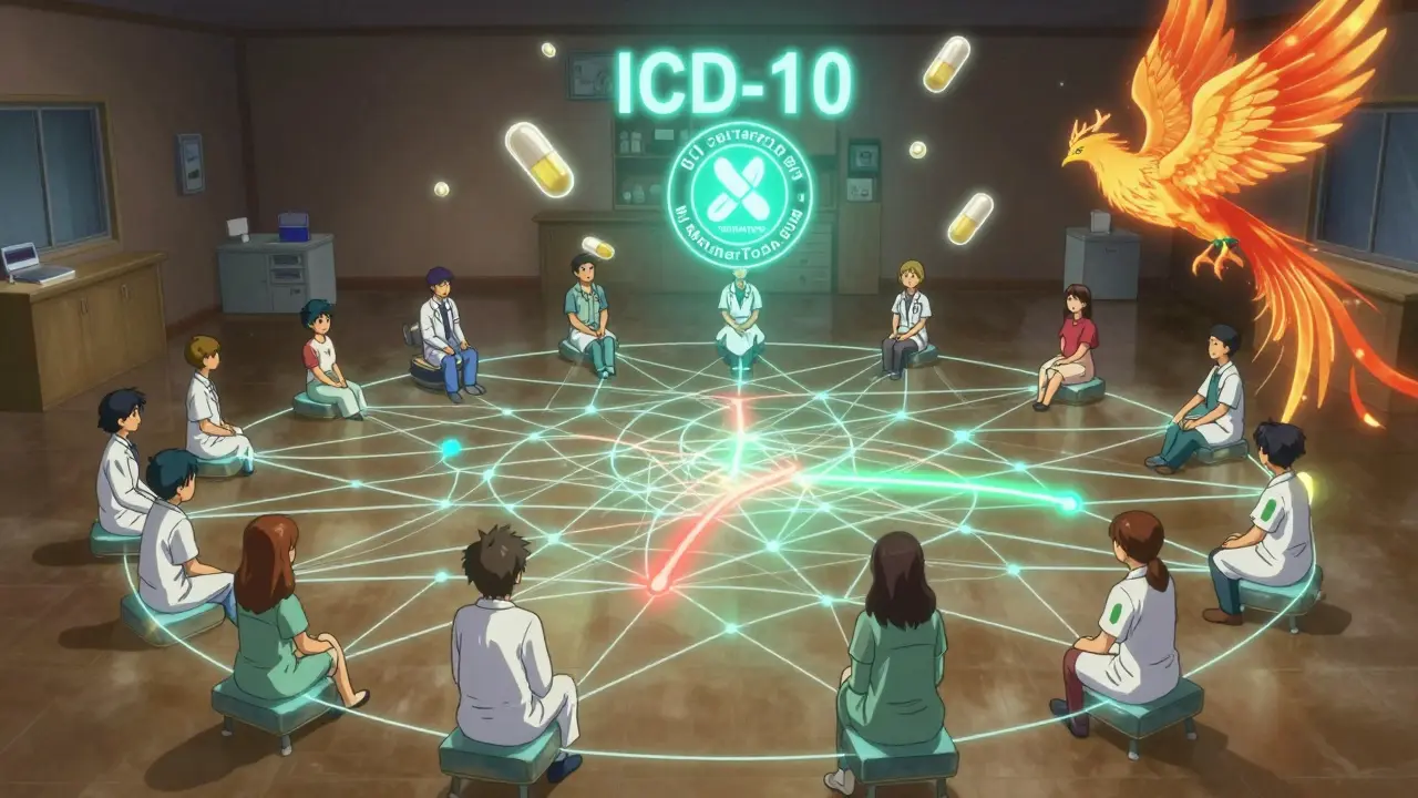 A web of healthcare providers connects over a clinic, with folic acid and safety symbols glowing above.