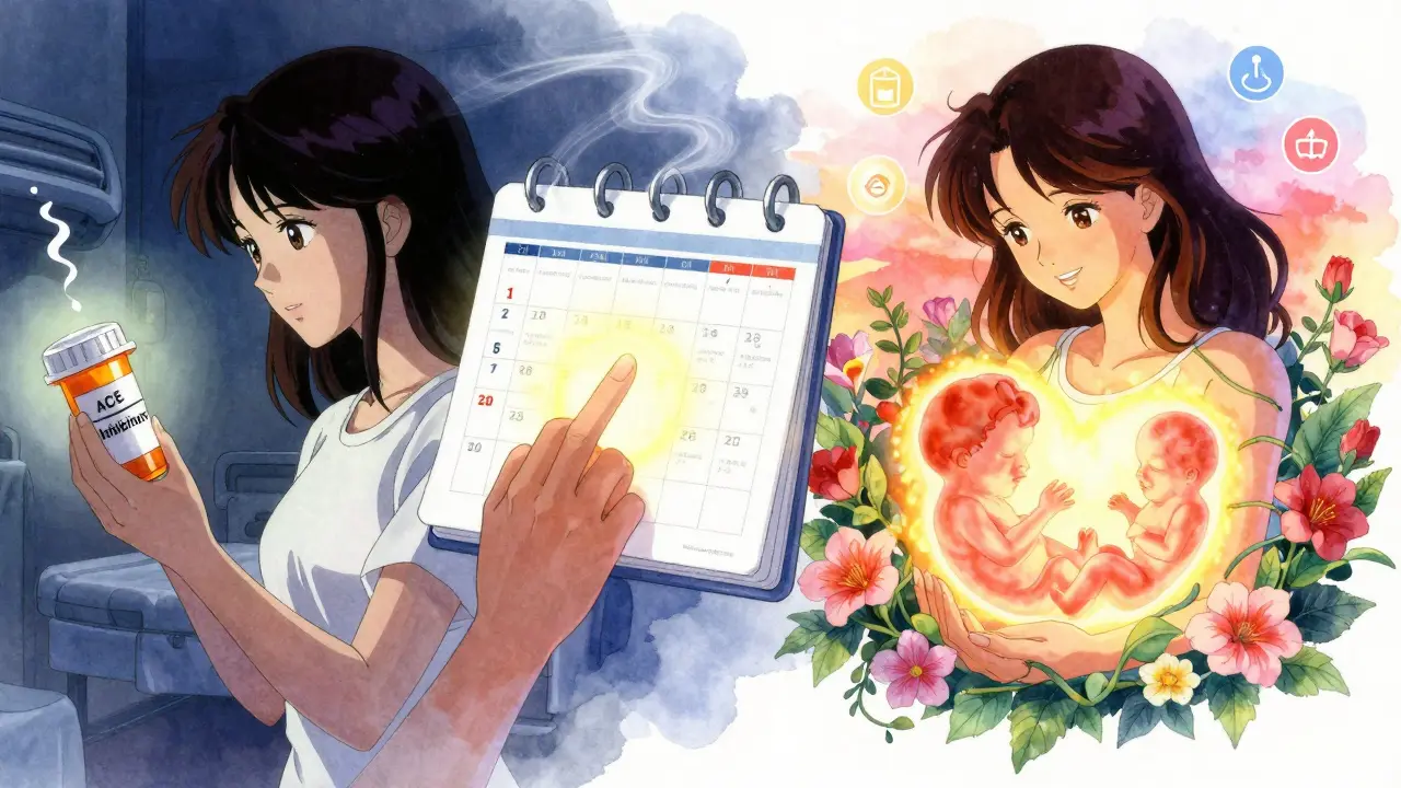 A woman transitions from risky medication to safer alternatives across a timeline of cycles and blooming plants.