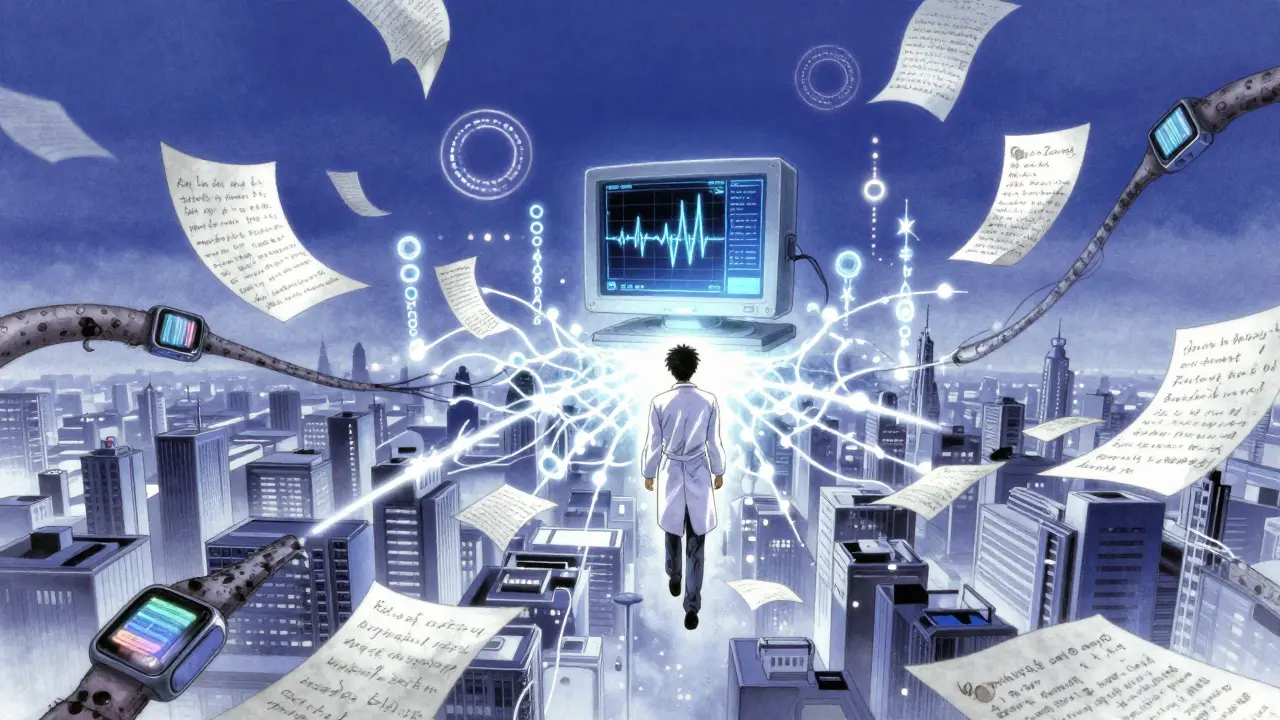 AI tendrils transform handwritten notes into crystalline signals, while smartwatches emit data rings toward a central sentinel monitor.