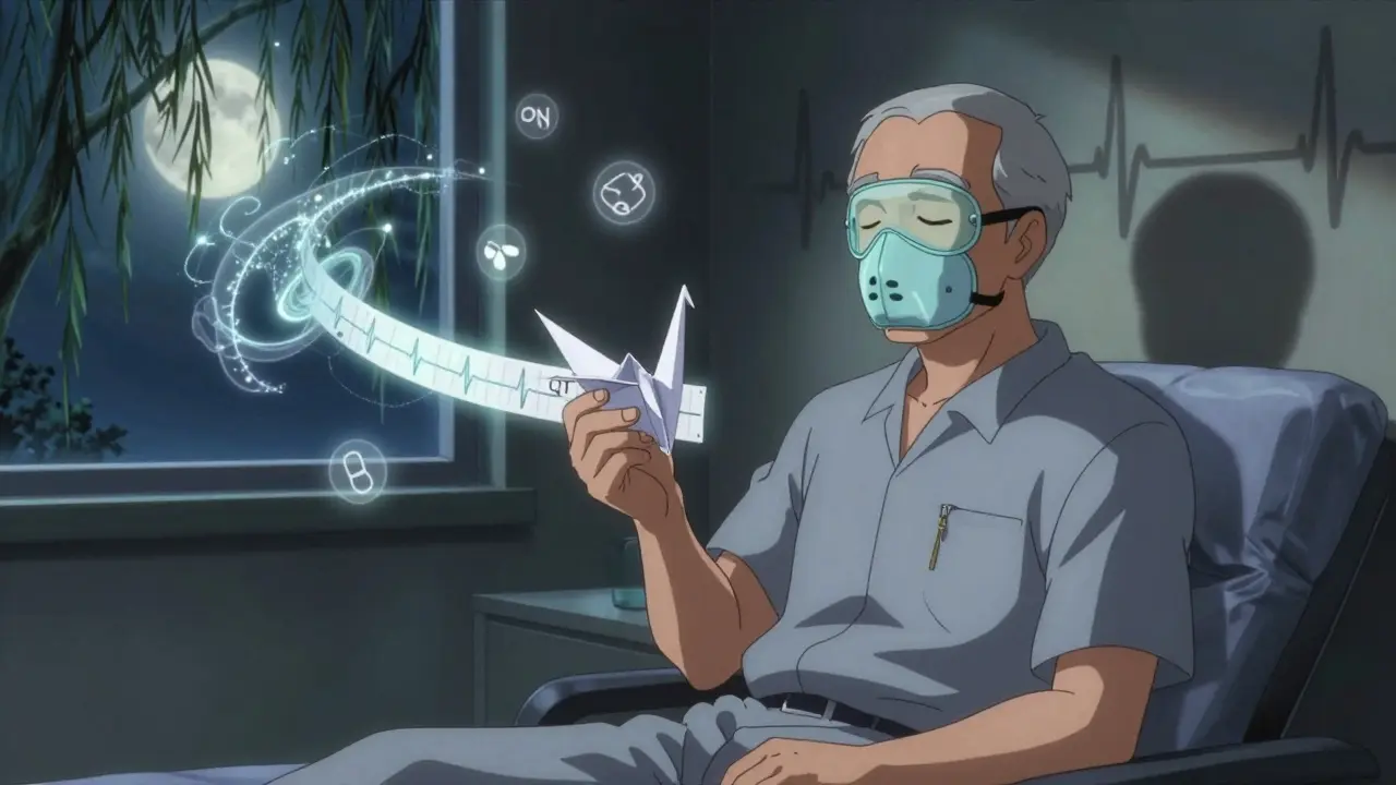An elderly man in a clinic holding a floating ECG strip that becomes a sleeping figure with a mask, representing sleep apnea risk.