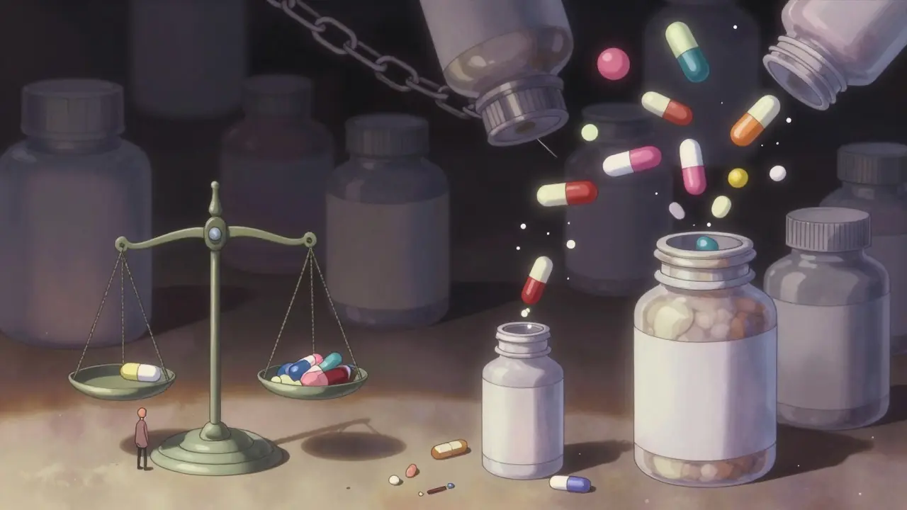 FDA scale dwarfed by supplement bottles with abstract drug molecules emerging