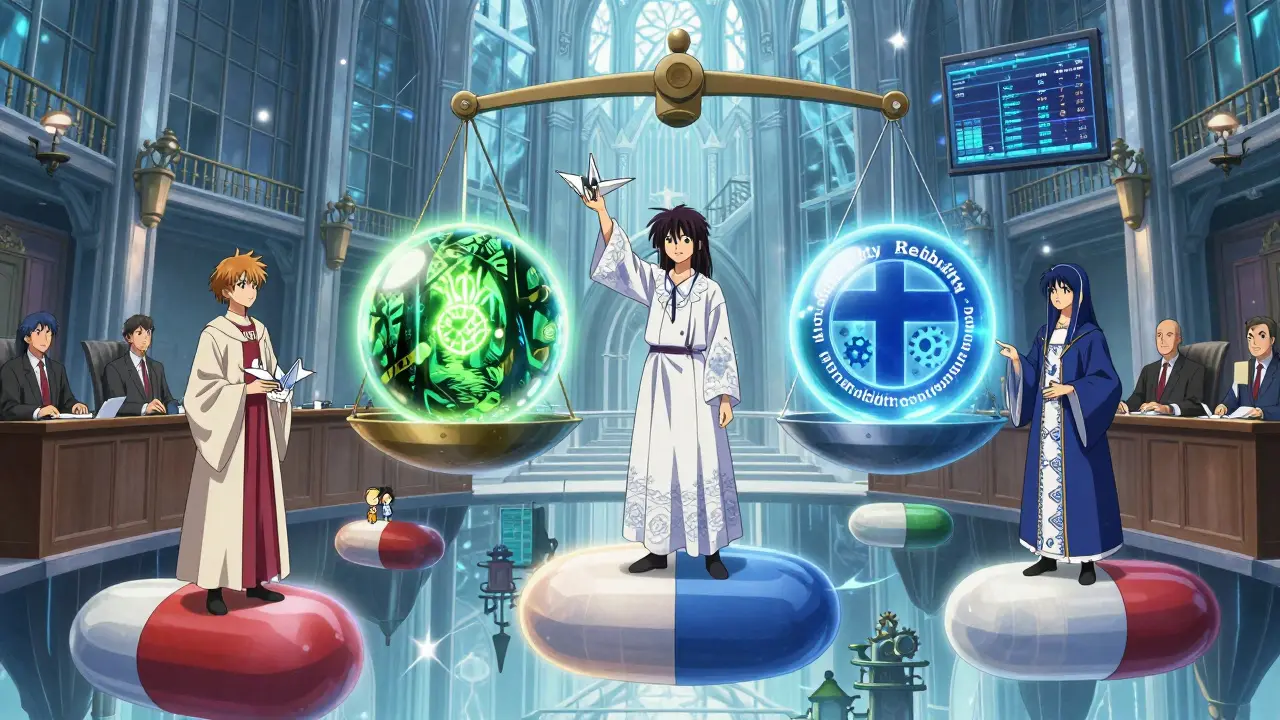 Five drug suppliers on pill-shaped platforms in a floating courtroom, competing with price, sustainability, and digital innovation orbs.