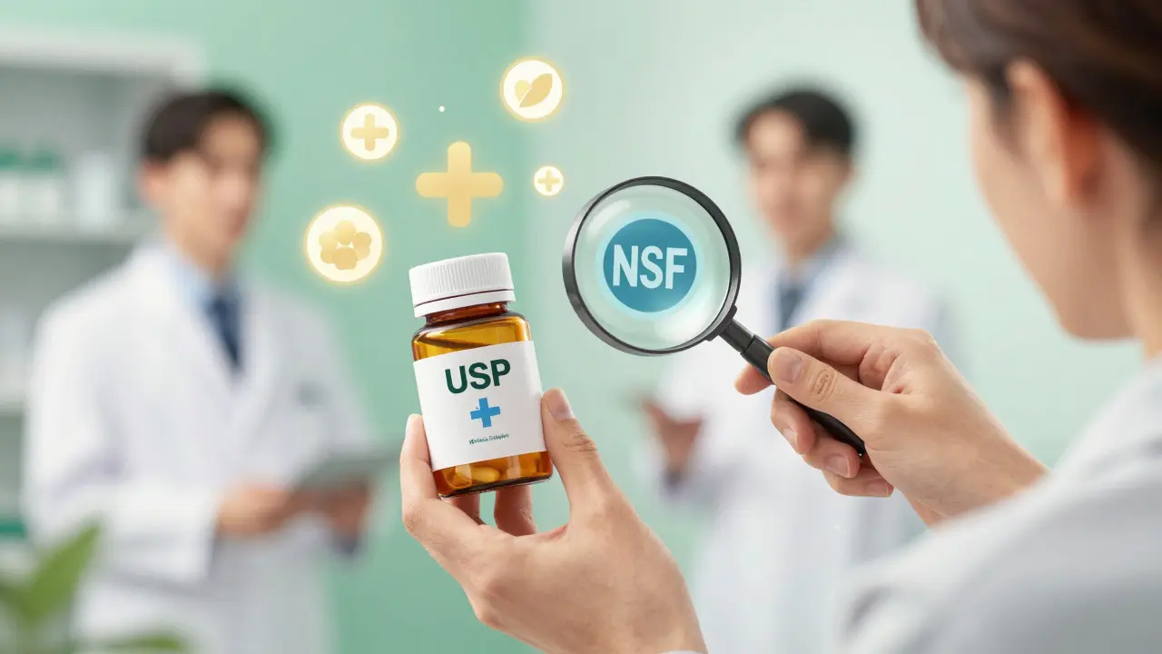 Hand with magnifying glass revealing USP and NSF verification symbols on pill bottle