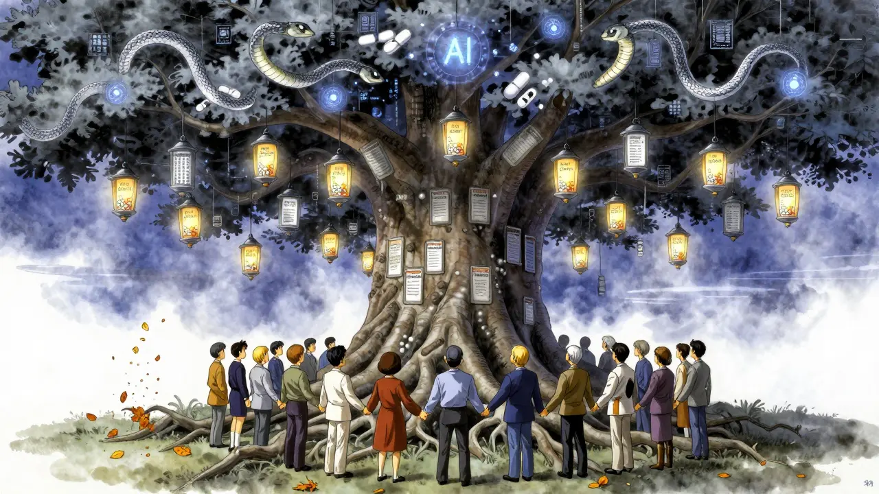 Small drug makers holding hands under a tree of contracts, with AI serpents above and framework lanterns glowing below.