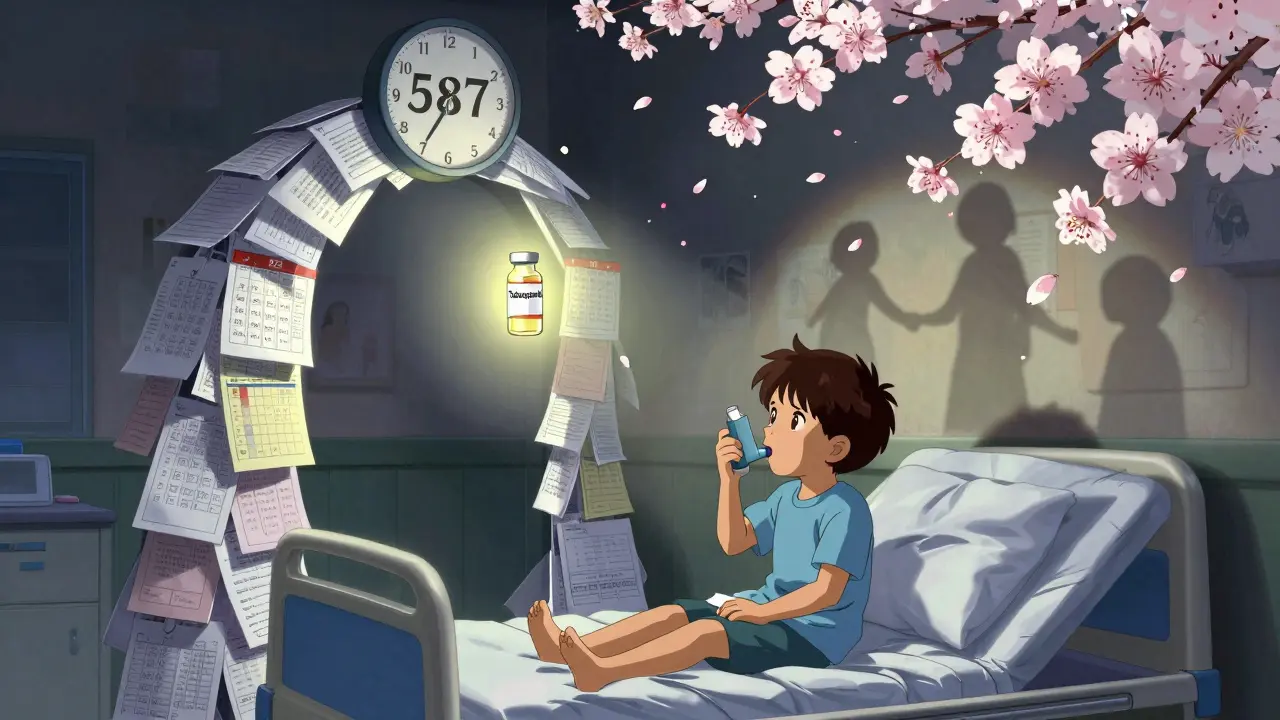 A child on a hospital bed under a celestial gate of PBS paperwork, with a glowing life-saving drug vial above as cherry blossoms fall.