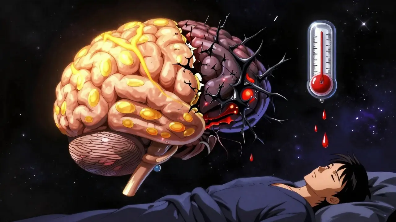 A cosmic brain with one side glowing in healing light and the other cracked with dark thorns.